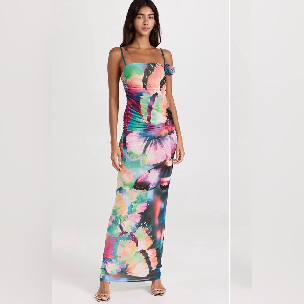 AFRM Butterfly Ruched Mesh Maxi Dress Size S